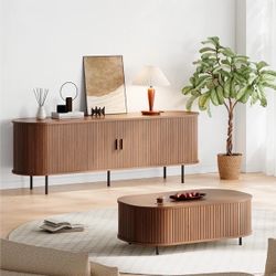 63" TV Stand for 70" TV, Wood Entertainment Center with Storage and Shelves, 2 Sliding Tambour Doors, Mid-Century Modern, Walnut