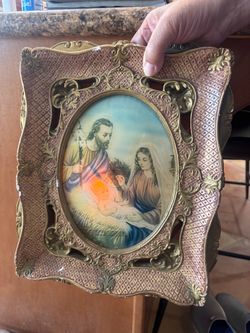 Vintage Italian Holy Family Framed Print or "quadro capoletto" (bedside religious picture) featuring Mary, Joseph, and Baby Jesus, typically produced