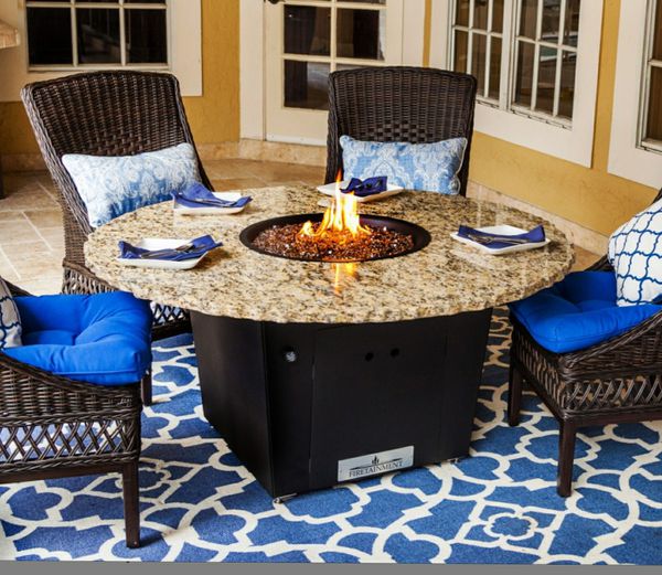 Marble Top Fire Pit Grill Entertainment Table Bundle for