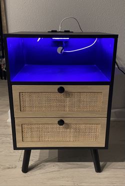 Ratan End Table With Charging Station & LED Lights