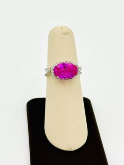 14K WHITE GOLD OVAL HALO RING PINK STONE CLEAR STONES 3.89G SIZE 7 USED
