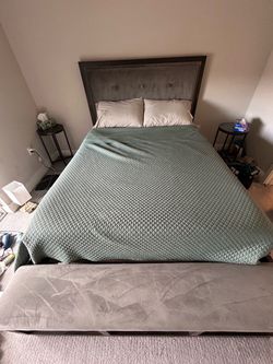 Queen Size Bed Frame + Mattress + Boxspring with Upholstered Headboard and Storage Bench