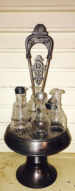 Antique Cruet etched glass vintage set great Condition