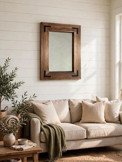 Rustic Wood Framed Wall Mirror with Metal Corners