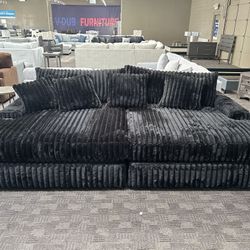 Black Double Chaise Big Corduroy Sectional Sofa 