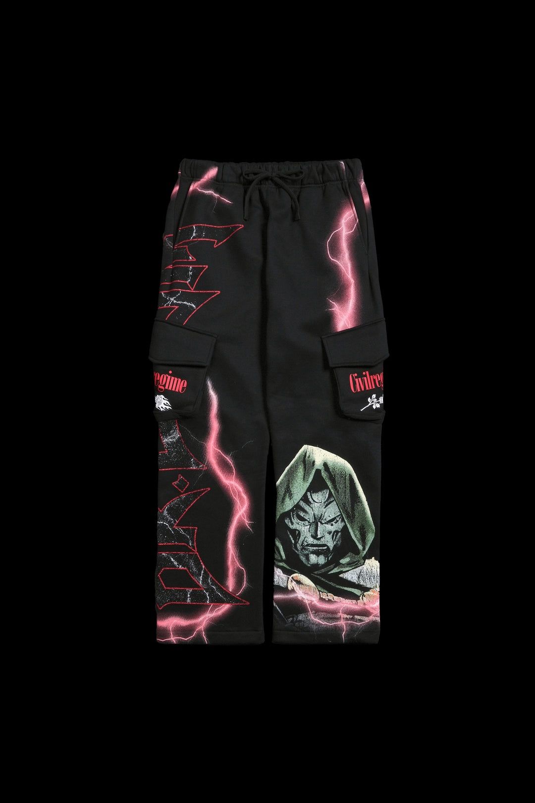 CIVIL REGIME - DR. DOOM WIDE LEG CARGO FLEECE PANTS IN BLACK SIZE MEDIUM