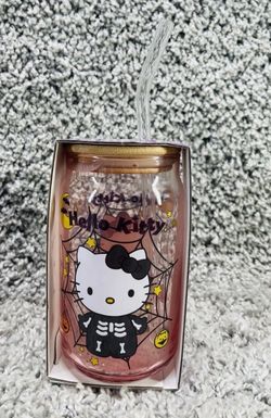 Hello Kitty Glass Tumbler & Straw Halloween Skeleton Bamboo Lid 16 Oz New In Box