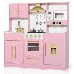 Wooden toy kitchen with toy storage system, including range hood, ice maker, and coffee maker, pink $70