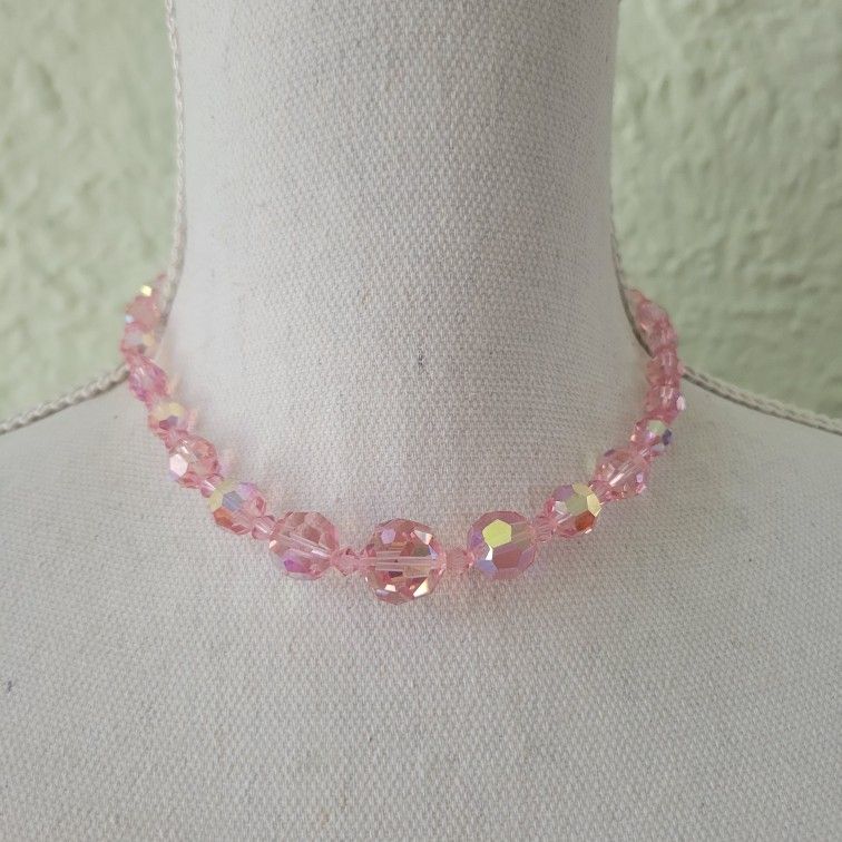 Vintage Pink Aurora Borealis Necklace Choker Crystal Glass Bead Gold Tone 16.5"