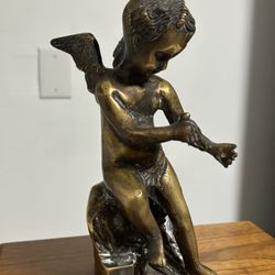 Vintage Solid Brass Angel Statue Figurine Sit On Brass Stand