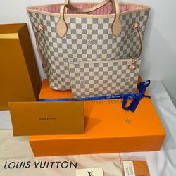 New Louis Vuitton Damier Azur Pink/Rose Ballerine Interior Neverfull MM Handbag 