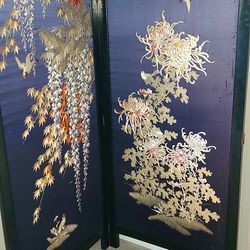 Antique Japanese Meiji Period Silk Embroidered Screen Room Divider