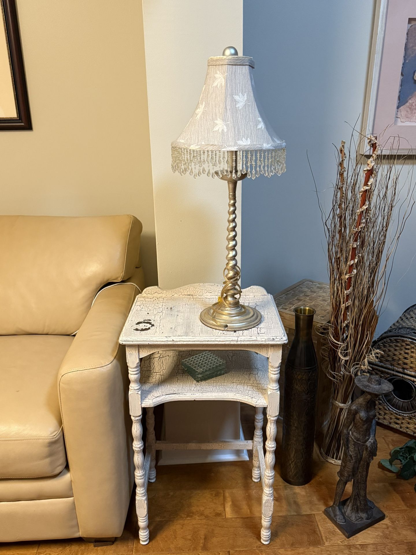 Shabby Chic Bohemian Style Crack Painted Small Table With Lamp And Shade