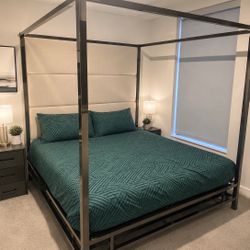 King Bed Frame Bed set , Box Spring , And Used Mattress With Mirror, Bar Stool And Liquor Rack 