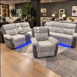 3 Pc Gray Color Sofa Set With Pillow - Top arms , bottom LED Lighting & Cup Holder