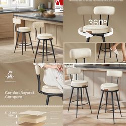 Bar Stools Set of 4. Swivel Counter Height Bar Stools with Back, Synthetic Leather with Stitching, Mid-Century Modern, 25.6-Inch Tall Barstools for Ki