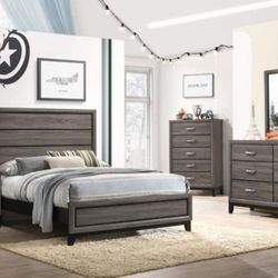 New Watson Grey Oak Queen Size 4-Piece Bedroom Set With Dresser Mirror Nightstand Bed Frame Without Mattress And Free Delivery