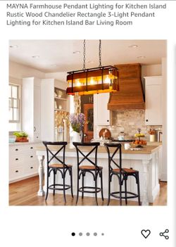 MAYNA Farmhouse Pendant Lighting for Kitchen Island Rustic Wood Chandelier Rectangle 3-Light Pendant Lighting for Kitchen Island Bar Living Room