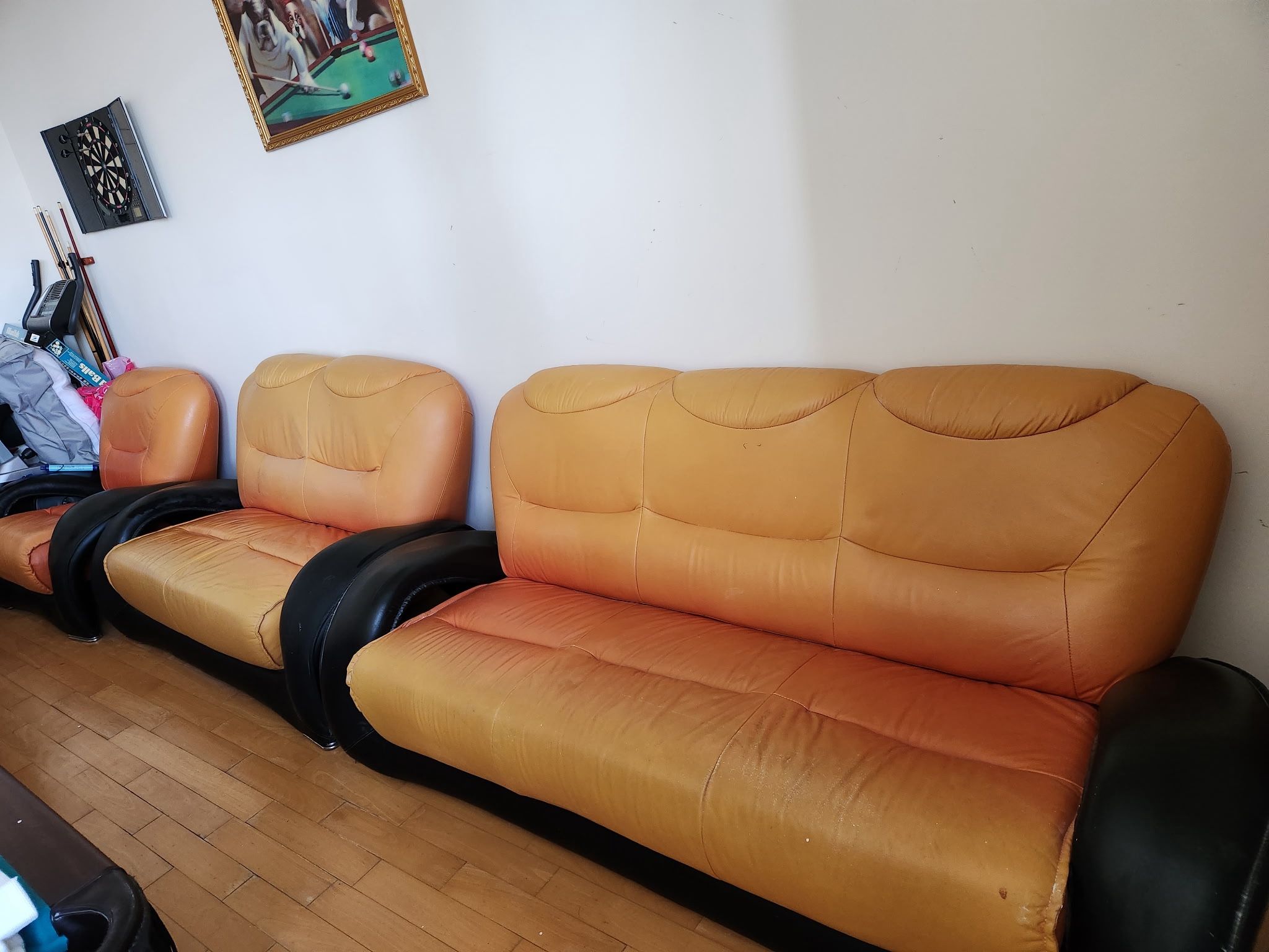 Retro Modern Leather Sofa Set – Bold Orange & Black – 3-Piece
