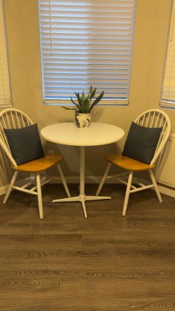Modern White Bistro Dining Set – Round Table & 2 Wood Accent Chairs