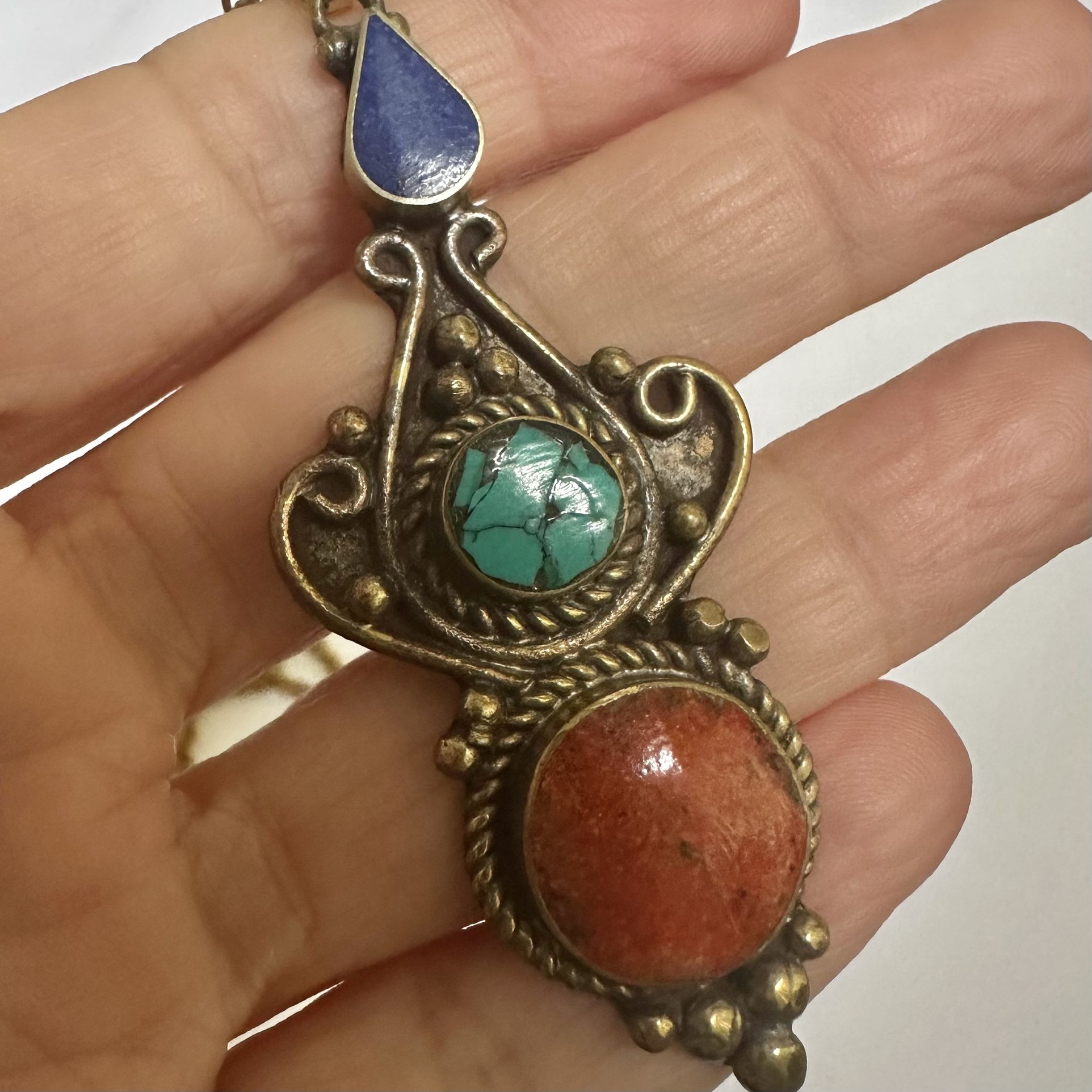 Turquoise, Lapis Lazuli & Orange Coral Tibetan brass pendant necklace