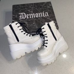 Demonia Shaker-52 White Vegan Leather boots featuring a 4.5" wedge platform