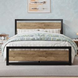 Queen Size Bed Frame, Metal Platform Bed Frame with Wooden Headboard, 12.4" Under-Bed Storage, Brown