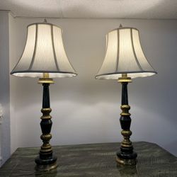 Pair James Mont Mid Century Style Green Marble and Brass Column Table Lamps