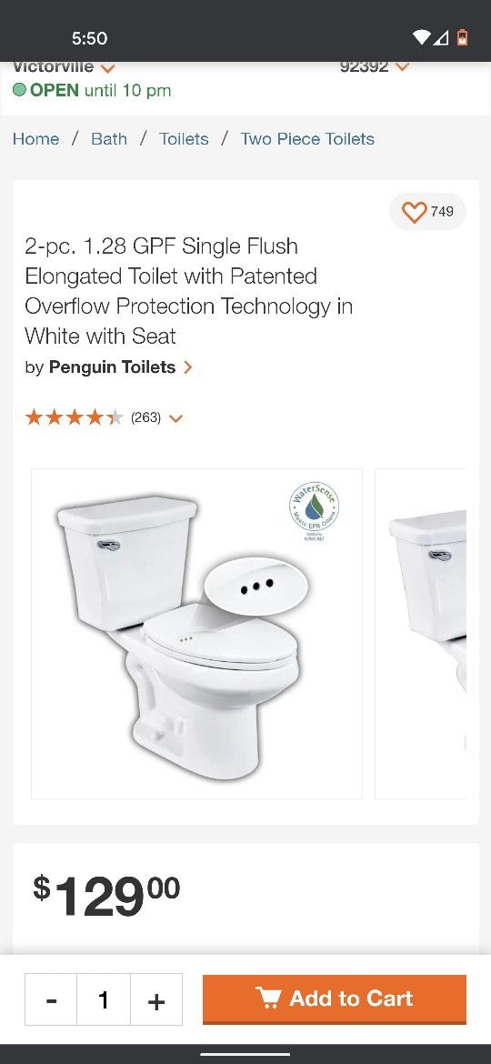 Penguin Toilets 524 White Elongated Comfort Height 2-PieceSmart WaterSense Toilet 12-in Rough-In Size (ADA Compliant)