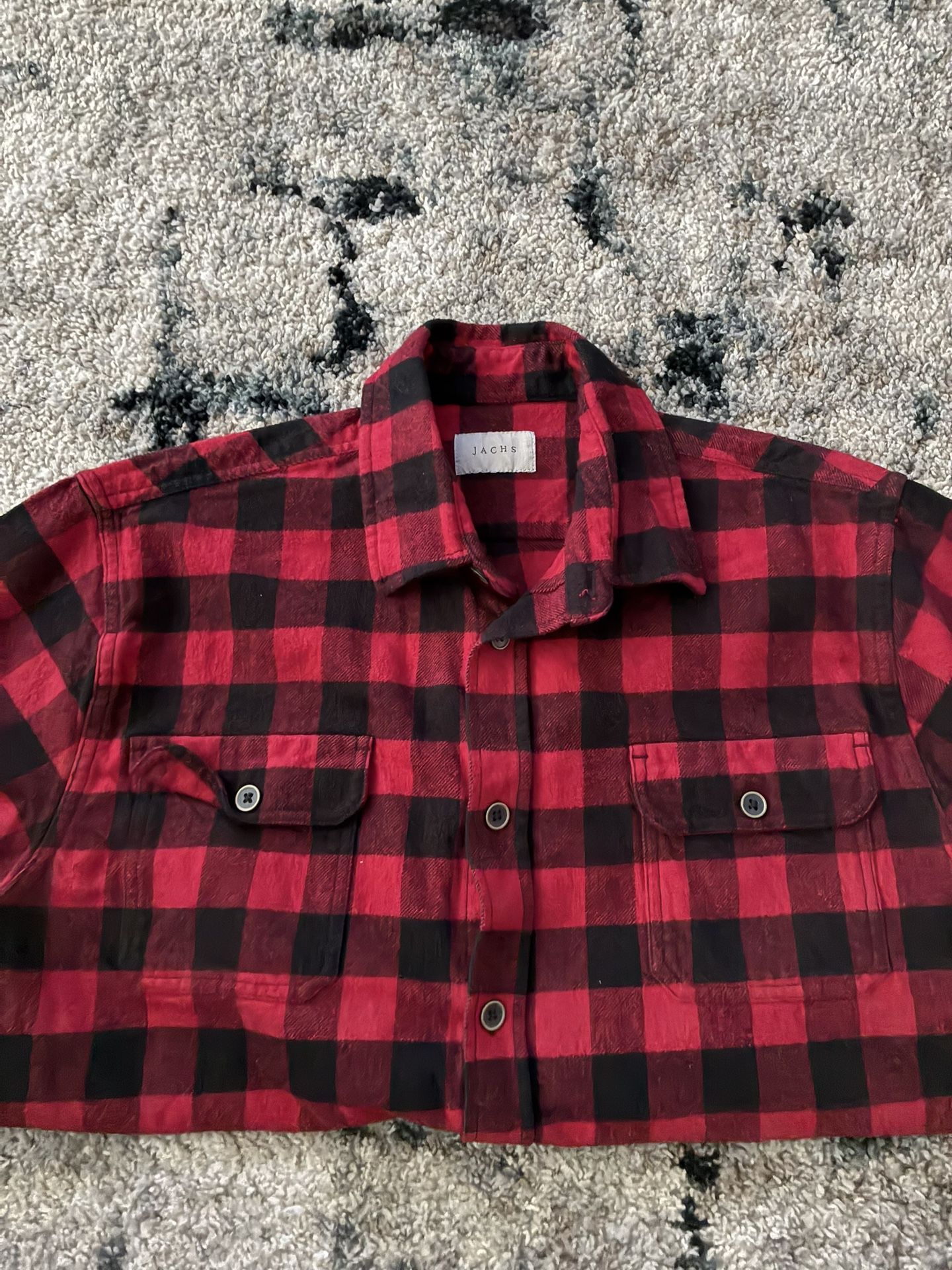 JACHS Button Down Collar Black/Red Plaid Flannel Shirt Men's Size Large