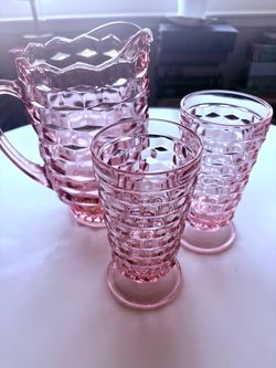 3 piece fostoria pink depression glass pitcher and glasses goblets