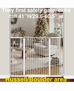 41" Extra Tall Baby Gate With Door, 29.6-40.5 In Wide Dog, Pressure Mounted, white. Russell/Boulder area