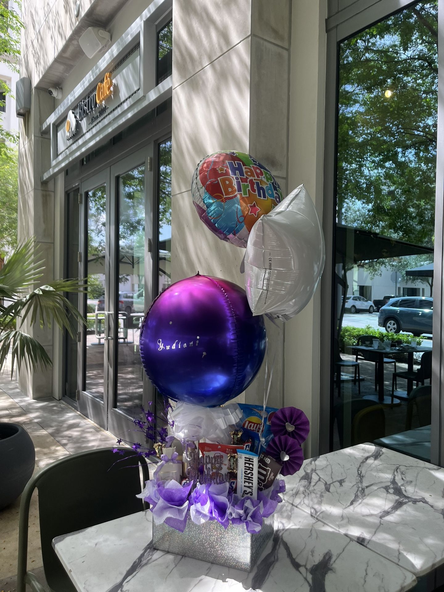 Birthday Gift Box with Balloons and Snacks