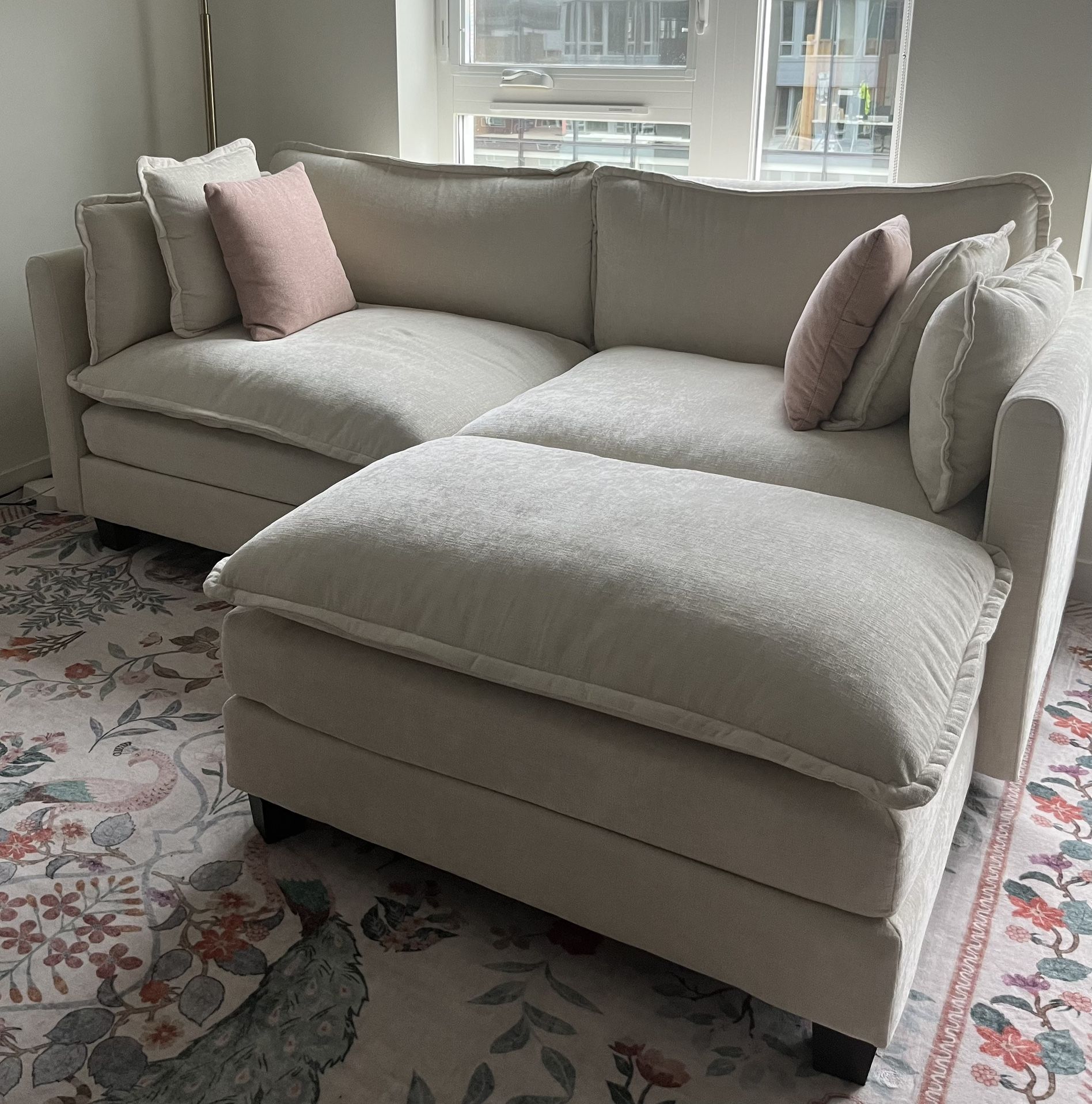 Chenille Sofa With Movable Ottoman- Off White/Light Beige