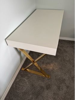 White & Gold Modern Desk with Drawers - Modway
