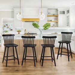 Windsor 24 in. Black Solid Wooden Bar Stool for Kitchen Island Counter Height Stool with Spindle Back Set of 4