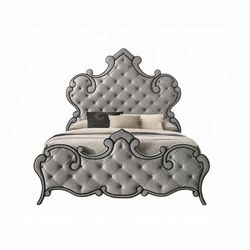VINTAGE GLAM GRAY FABRIC QUEEN SIZE BED FRAME 