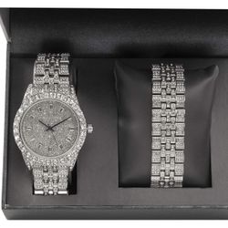 Big Boss 24K Gold Plated Mens Single Watch & Cuban Hip Hop Bracelet !Big VVS Rhinestones on Trim and Elegant Baguette Time Indicators on Dial！