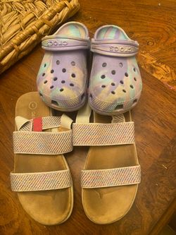 Girls Cat and Jack sandals size 1 and Crocs Size 12