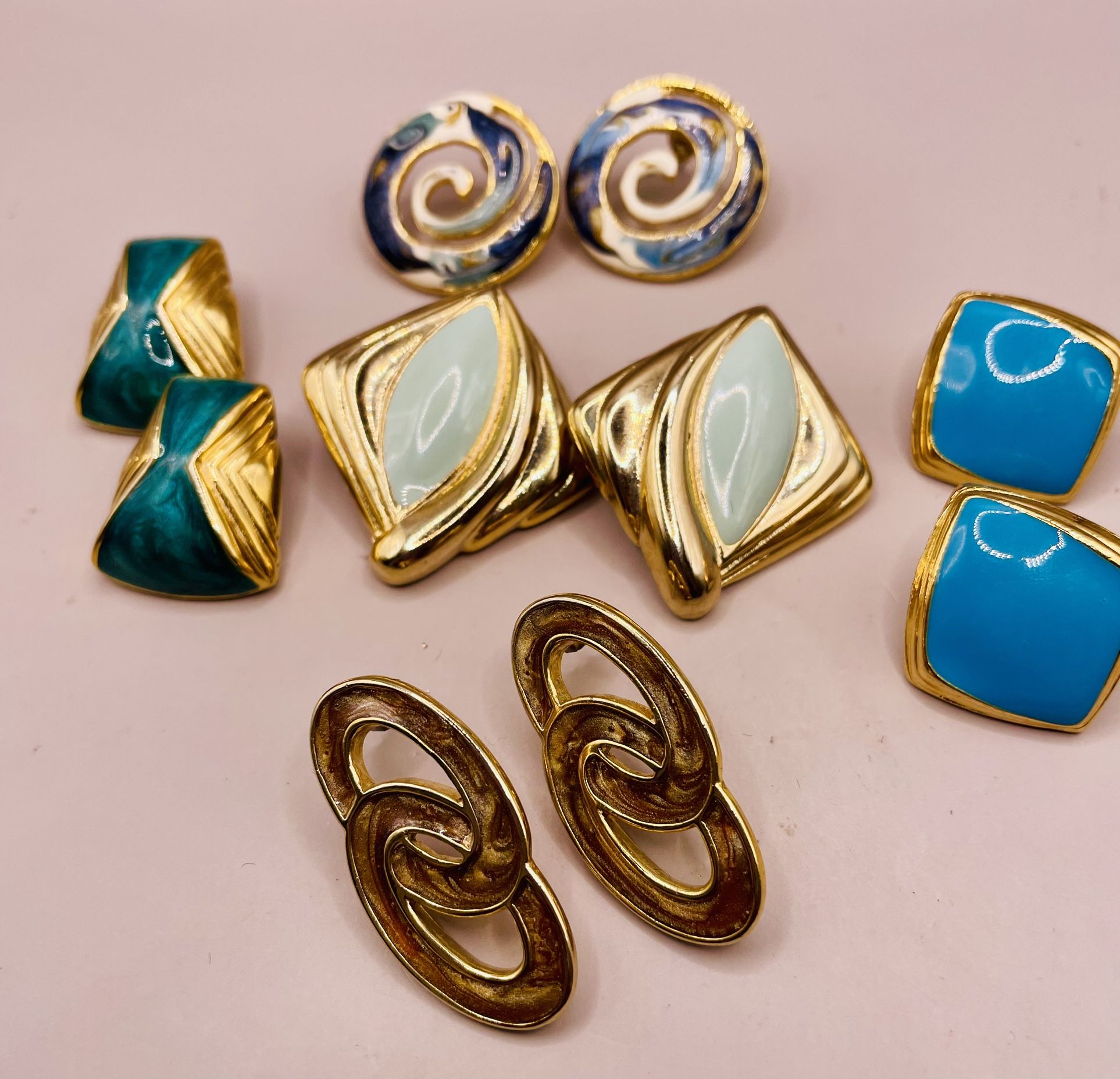 Blue And Green Vintage “Work Week” Enamel And Gold Stud Pierced Earrings