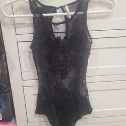 Black, Laced See-through Bodysuit. 