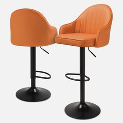 2 x Adjustable Height Swivel Faux Leather Bar Stools Chair Set orange