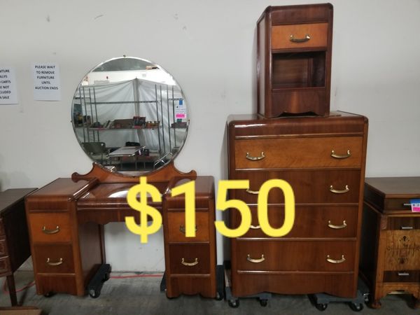 1940s Waterfall Bedroom Set Vanity Dresser Nightstand