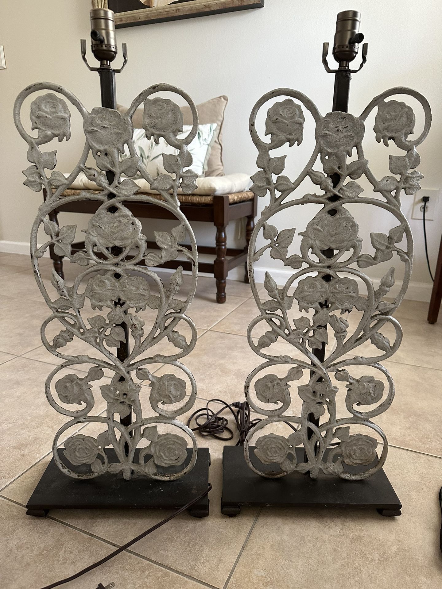 Vintage - Wrought Iron Lamp Rose Petal Lamps (Pair)