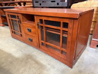 Cherry Finished Mission Style Media Cabinet with Tempered Glass Door Fronts