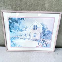 Vtg Laurie Erickson Framed Watercolor Painting House Print 29-1/4”x23-1/4”x7/8”