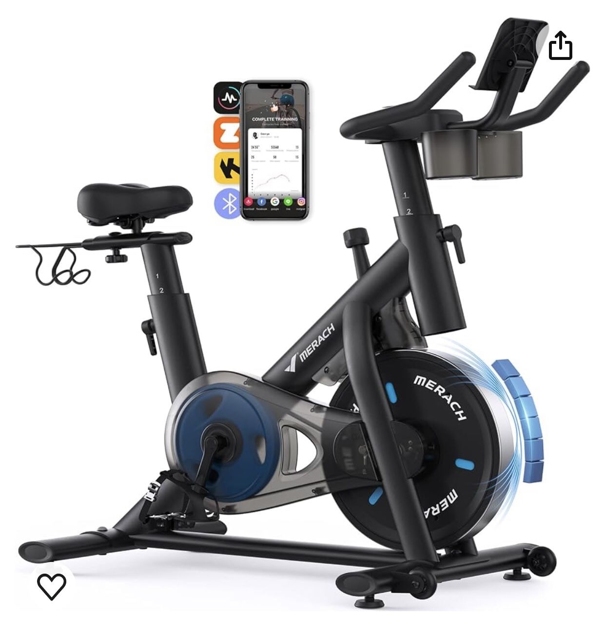 MERACH Exercise Bike Brake Pad Stationary Bike with Exclusive App Low Noise Indoor Cycling Bike with 300lbs Weight Capacity Tablet Mount and Fitnes