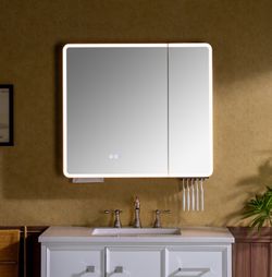 RC3028/3628-GR, Modern Rectangular Medicine Cabinet with Rounded Corners (30.75" /36.5”W × 27.5" H) - Smart Storage, Anti-Fog Mirror, LED Lighting, Me
