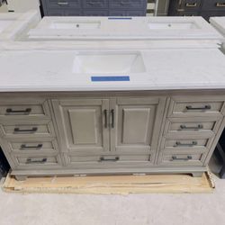 60 in. W x 22 in. D Single Sink Bath Vanity in Rustic Gray with White Marble Top $899 
