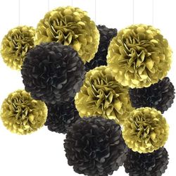 Black & Gold Tissue Paper Pom Poms - Hanging Paper Pompoms Flower Ball Wedding Birthday Party Decoration (6Pcs 8inch


